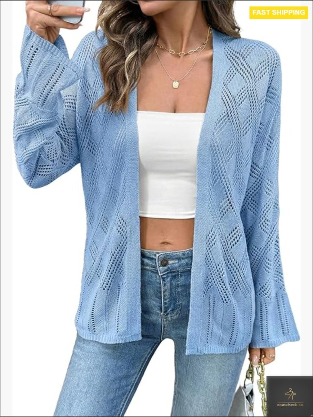 Crochet Cardigan Sweater Long Sleeve Open Front Lightweight Boho Beach Cover Up